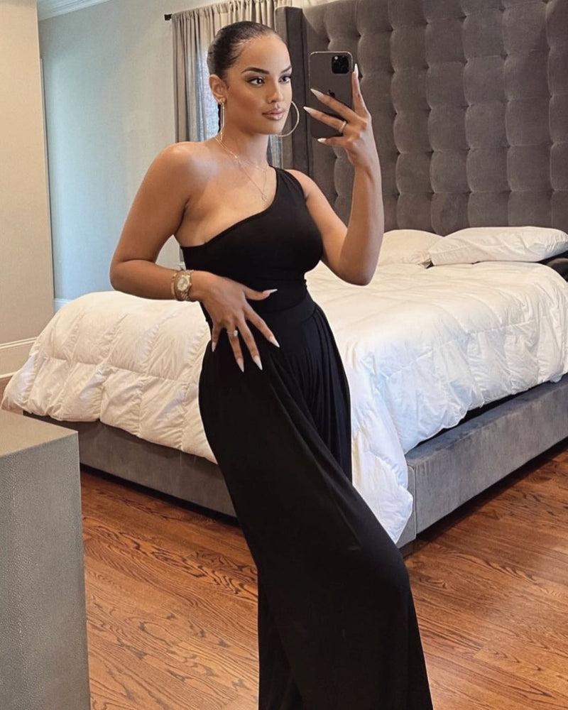 Same As Web Celebrities Concise One Shoulder Asymmetric Comfortable Jumpsuit