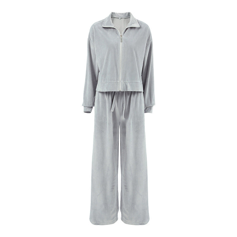 Collared Long Sleeved Trousers Loose Sweater Autumn Winter Two Piece Set