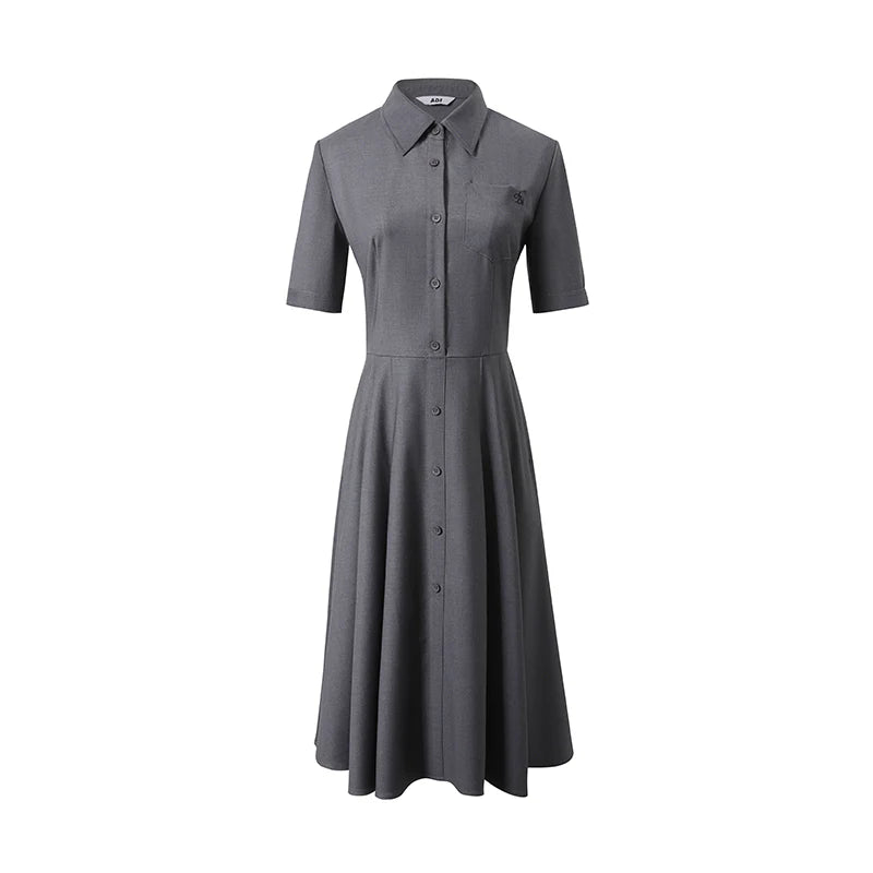 Charcoal Gray Shirt Dress: A-line Button-down With Short Sleeves and Collared Neckline