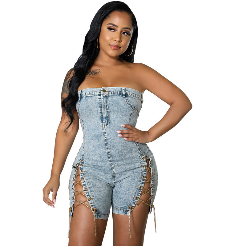 Clothing Spring Wear Copper Chain Off-the-shoulder Denim Dress Romper