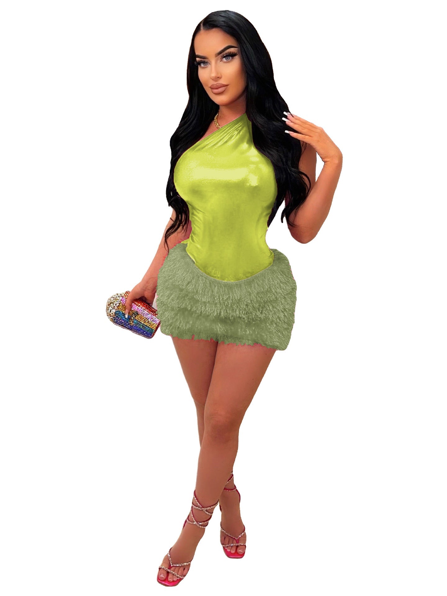 Clothing Skirt Set Jumpsuit Glossy Skirt Two Piece Set