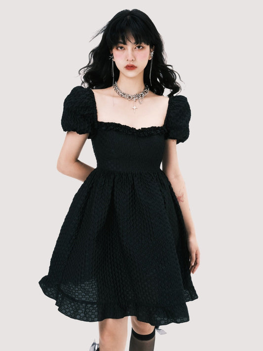 Square Neck Puff Sleeve Jacquard Dress