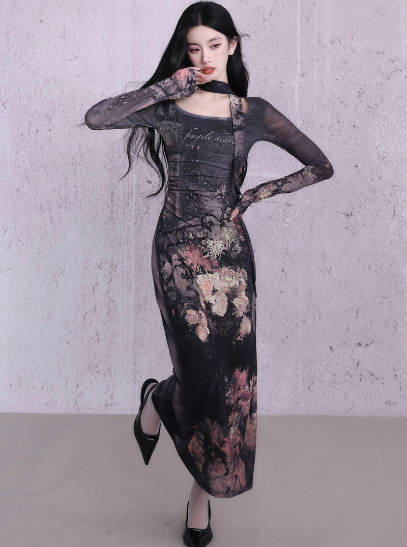 Enchanting Midnight Bloom Maxi Dress: Long-sleeve Bodycon With Print and Choker Detail