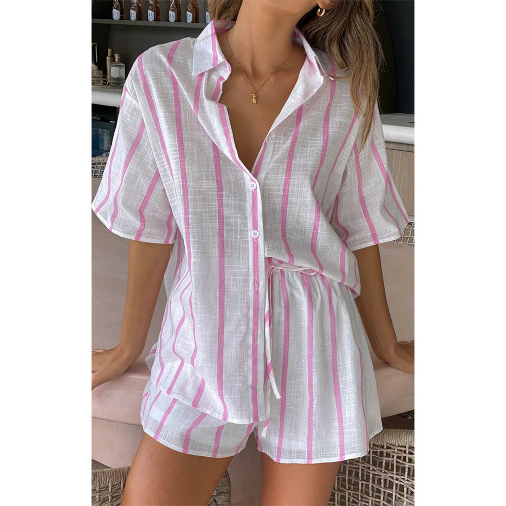 Spring Summer Striped Printed Short Sleeve Shirt Shorts Suit Beach Two Piece Suit Clothing