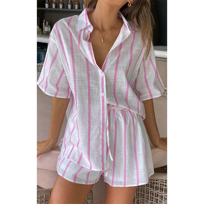 Spring Summer Striped Printed Short Sleeve Shirt Shorts Suit Beach Two Piece Suit Clothing
