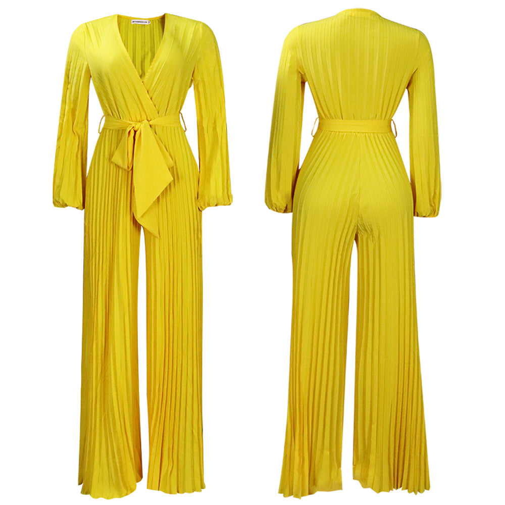Summer V Neck Lace Up Pleated Wide Leg Jumpsuit