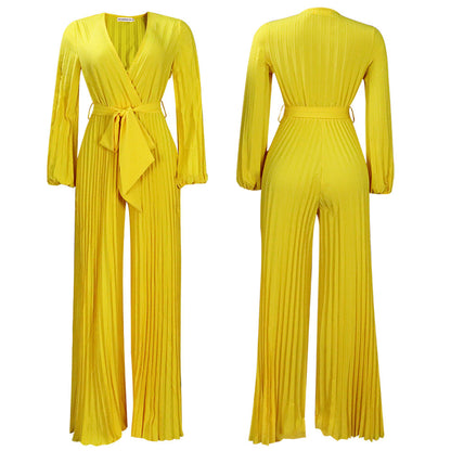 Summer V Neck Lace Up Pleated Wide Leg Jumpsuit