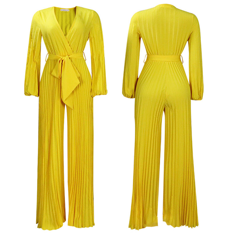 Summer V Neck Lace Up Pleated Wide Leg Jumpsuit