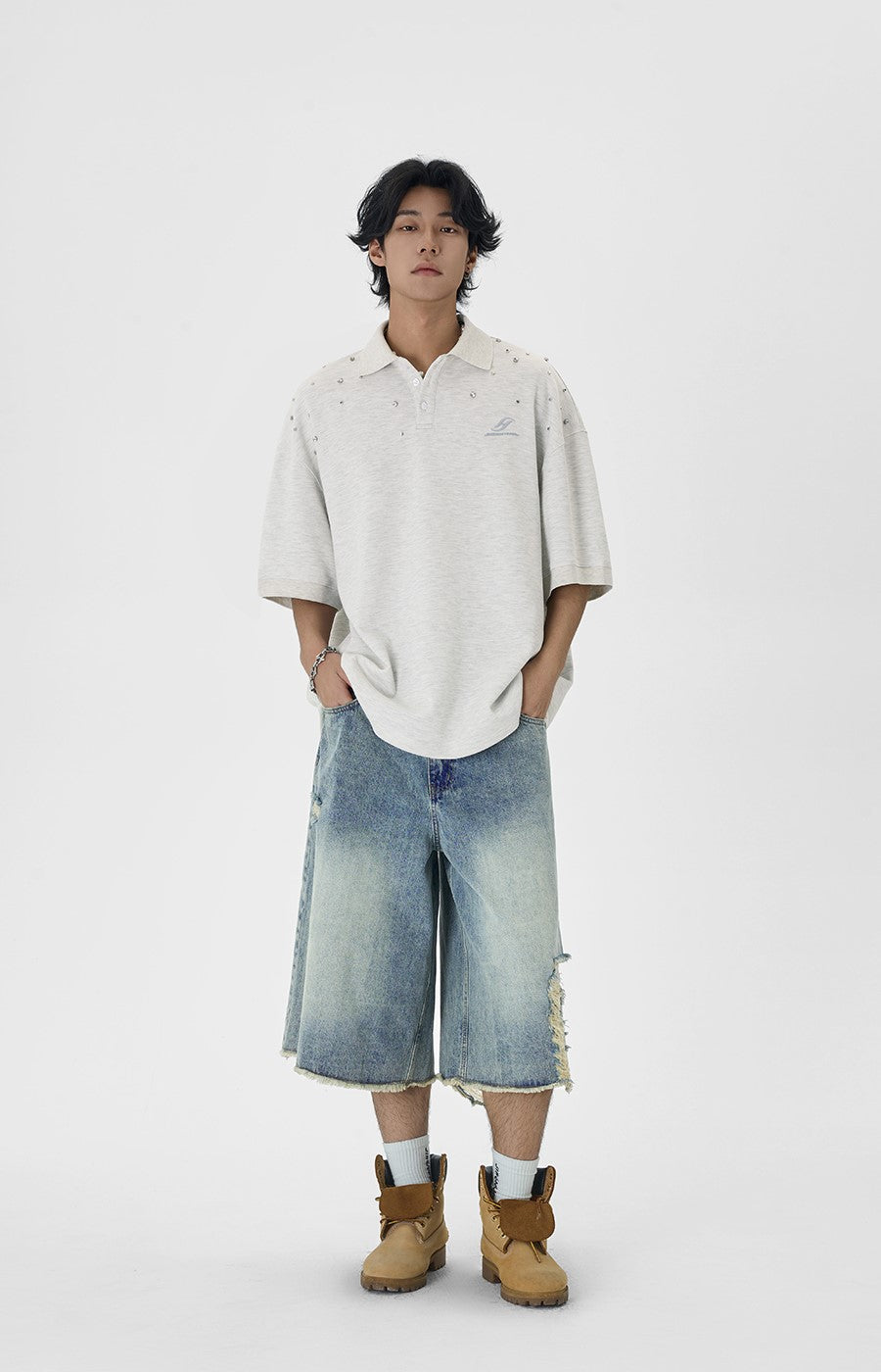 Distressed Wide Leg Denim Capri Cut Shorts