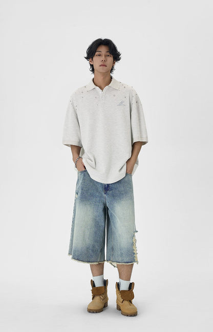 Distressed Wide Leg Denim Capri Cut Shorts