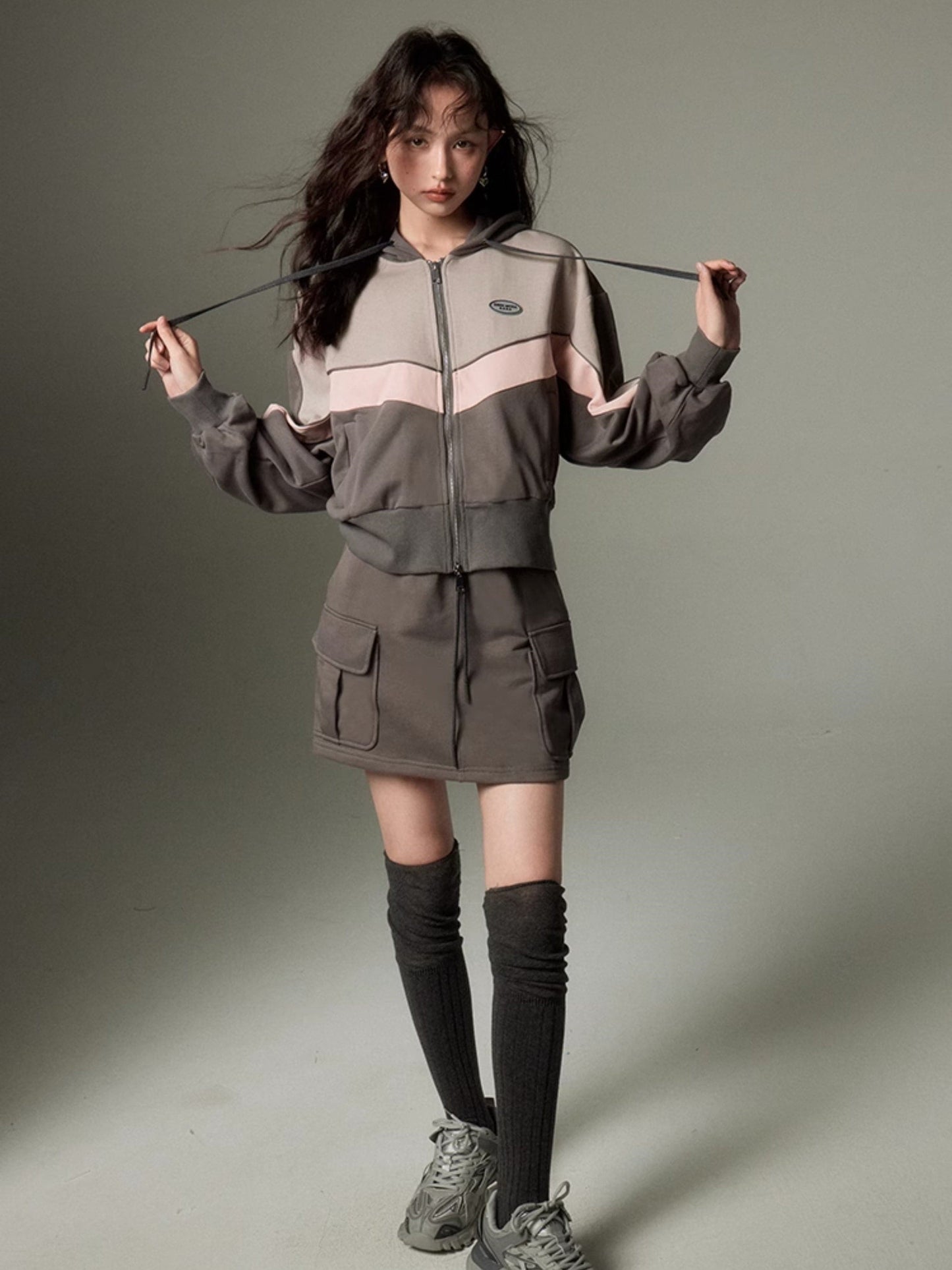 Sporty Zip-up Hoodie & Flared Skirt