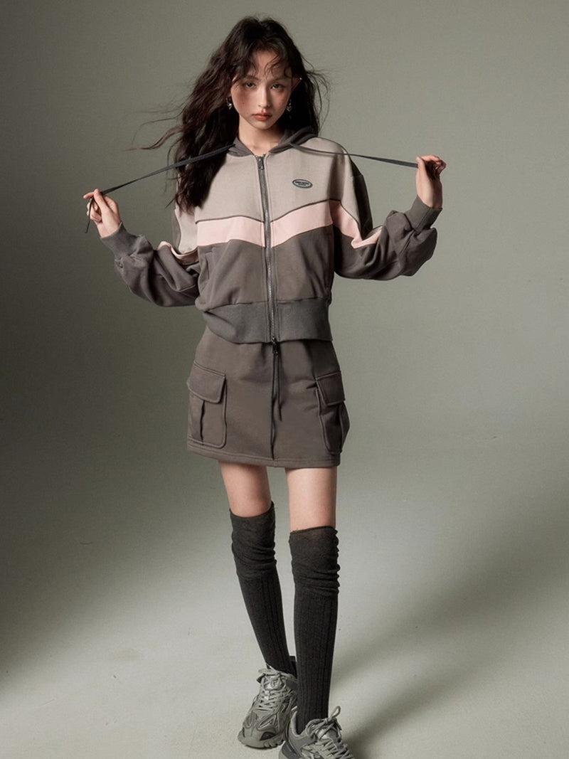 Sporty Zip-up Hoodie & Flared Skirt