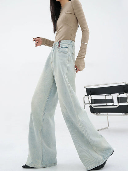 Light Blue Loose Straight Wide-leg Denim Pants With Embroidery Design
