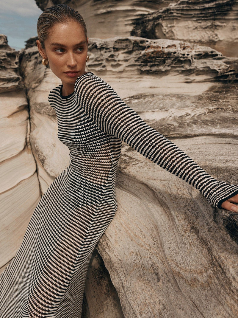 Mesh Striped Beach Vacation Knitted Hollow Outmaxi Dress