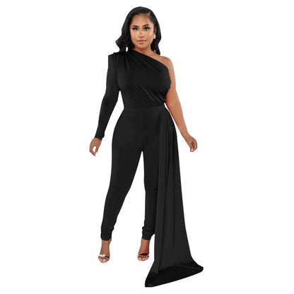 Autumn Pleated Shoulder Color Tight Jumpsuit