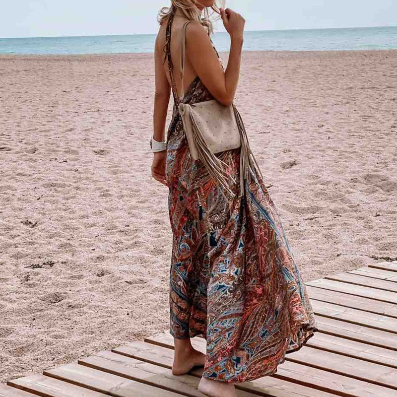 Clothing Spring Summer Arrival Printing V-neck Halter Maxi Dress