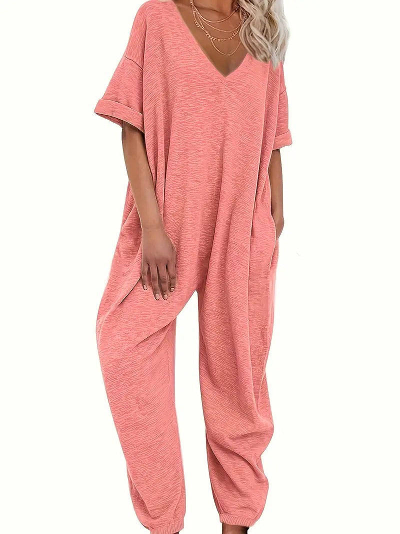 V Neck Jumpsuit Short Sleeve Length Jumpsuit Ankle Tied Loose Overalls