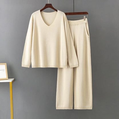 Color V Neck Ice Silk Suit Spring Autumn Loose High Waist Two Piece Sweater