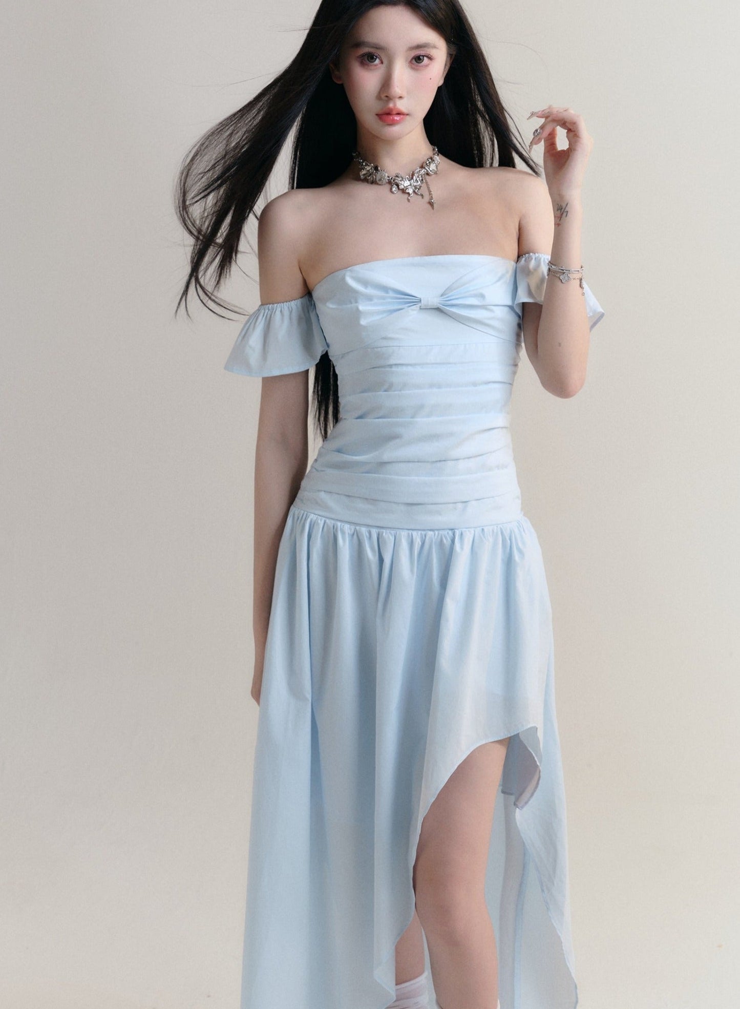 Pale Blue Off-shoulder Ruched Maxi Dress With Asymmetrical Hem