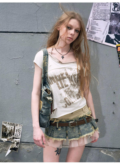 Cest Nous Layered Denim Mini Skirt - Distressed Patchwork Skirt With Belt