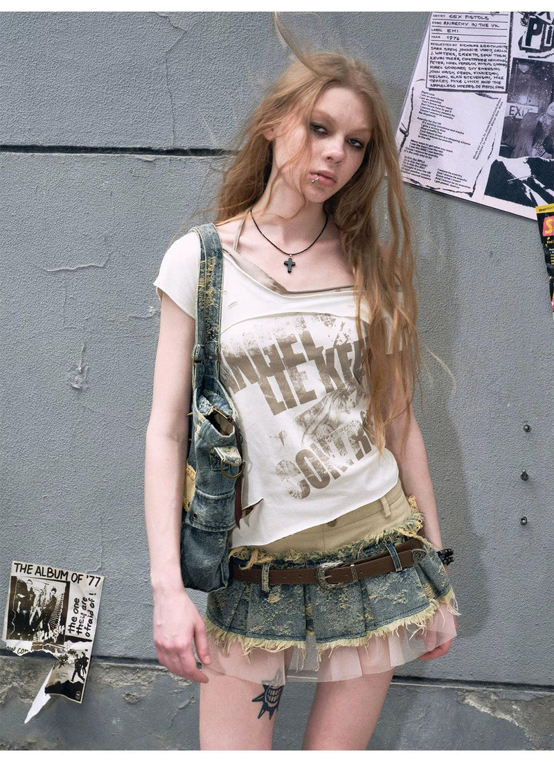 Cest Nous Layered Denim Mini Skirt - Distressed Patchwork Skirt With Belt