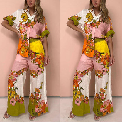 Printed Cotton Linen Two-piece Suit Outfit Top Wide Leg Pants Amplified Craft