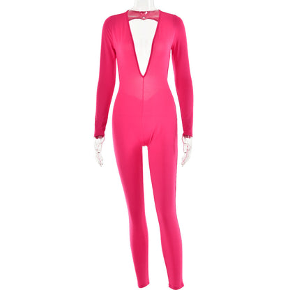 Autumn Deep V Plunge Neck Long Sleeved Leggings Backless Tight Jumpsuit