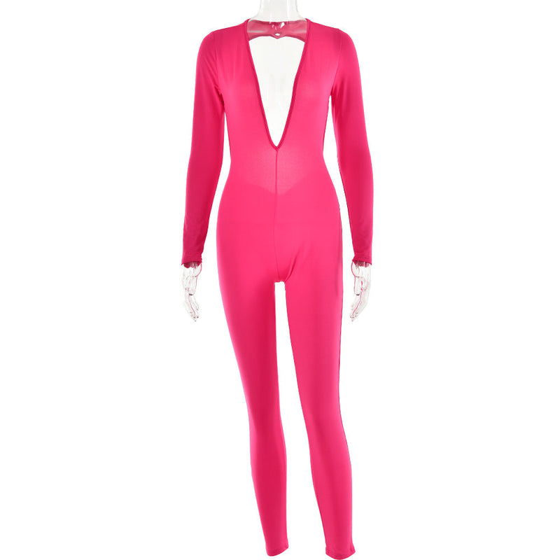 Autumn Deep V Plunge Neck Long Sleeved Leggings Backless Tight Jumpsuit