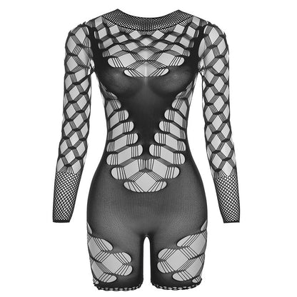 Summer Clothing See Through High Waist Long Sleeves Mesh Skinny Sheath Jumpsuit