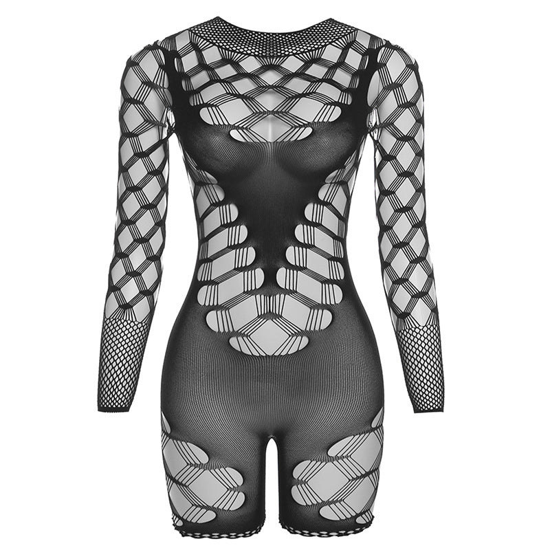 Summer Clothing See Through High Waist Long Sleeves Mesh Skinny Sheath Jumpsuit