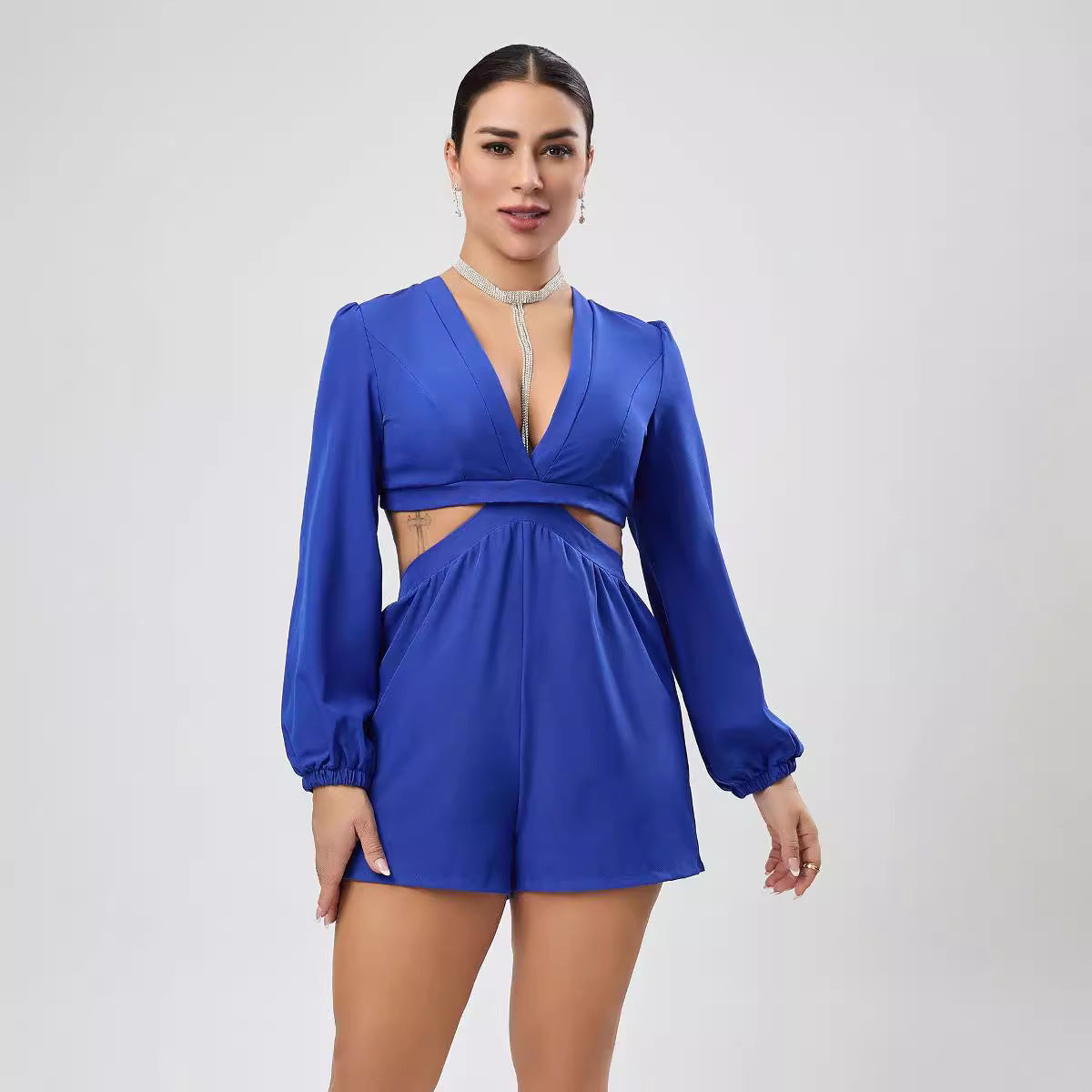 V Neck Lace Up Long Sleeved Jumpsuit Autumn Cutout Shorts