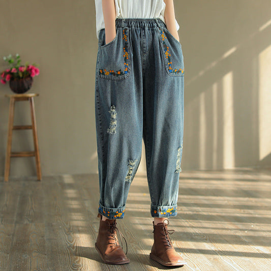Ripped Embroidered Denim Harem Pants Op1025