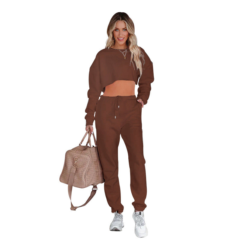 Autumn Winter Color Round Neck Pullover Cropped Long Sleeve Sweaters ’s Clothing Drawstring Trousers Suit
