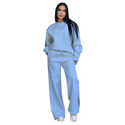 Autumn Winter Color Round Neck Long Sleeve Loose Wear Wide Leg Pants Suit