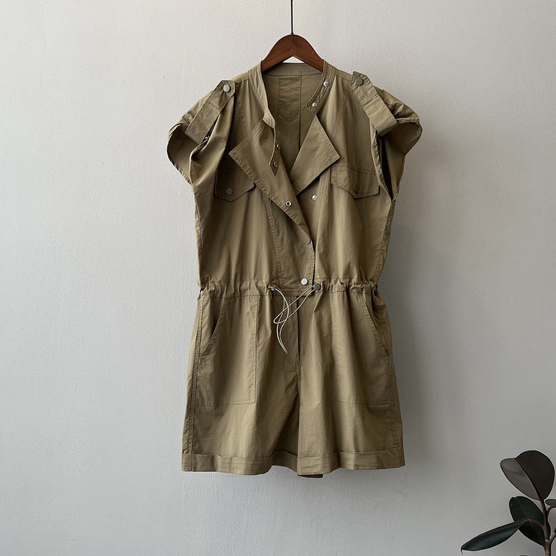 High Waist Drawstring Cargo Overalls Summer Stand Collar Flying Sleeves Shirt Romper