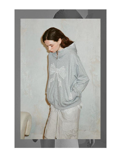 Diddi Moda Bow Print Hoodie - Gray Zip-up Sweatshirt With Lace Trim and Graphic Design