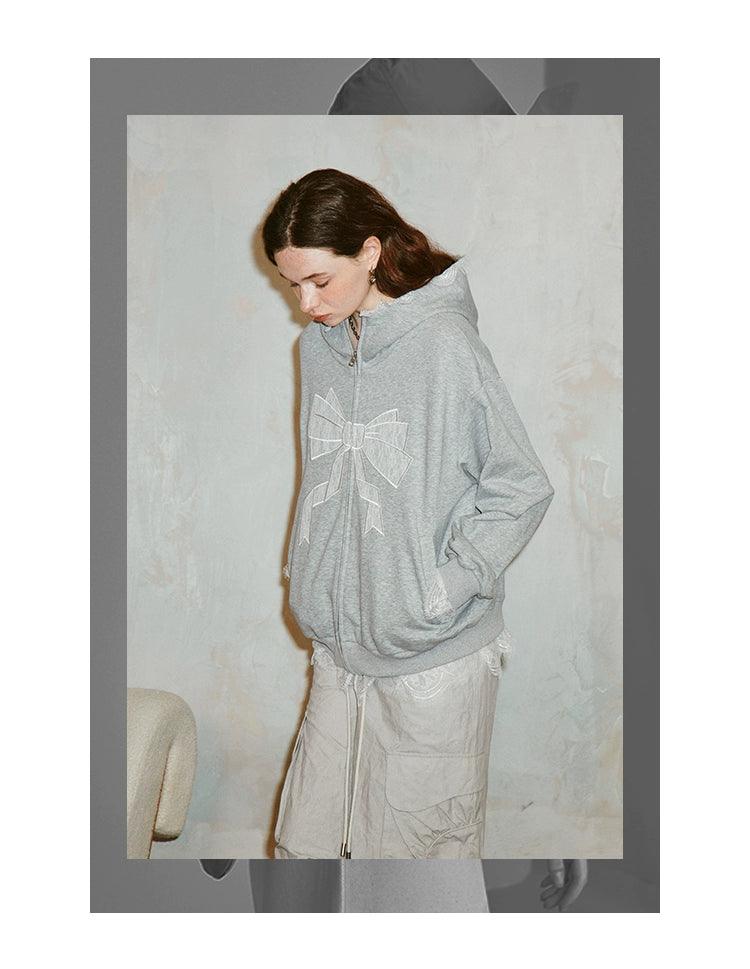 Diddi Moda Bow Print Hoodie - Gray Zip-up Sweatshirt With Lace Trim and Graphic Design