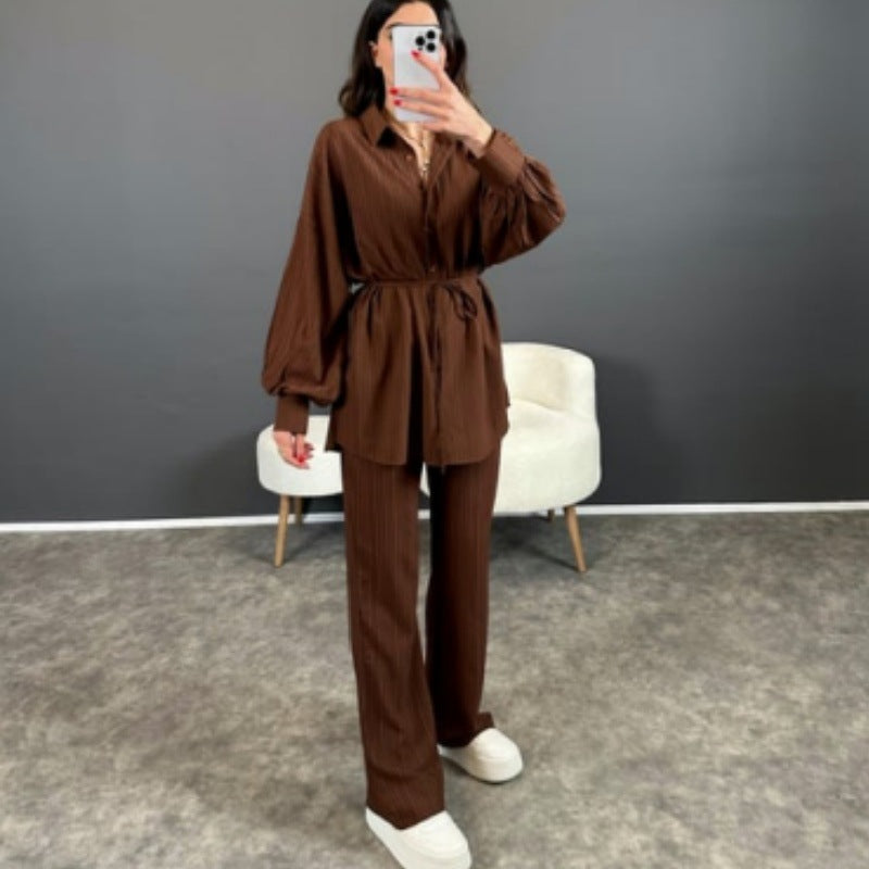 Bubble Long Sleeve Loose Lace Up Shirt Straight Pants Two Pieces Sets