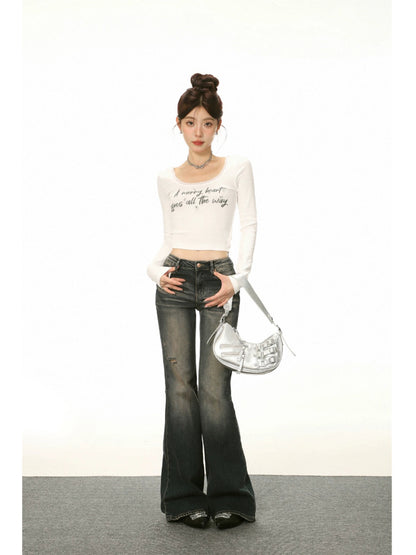 White U-neck Lace Trim Long Sleeve T-shirt