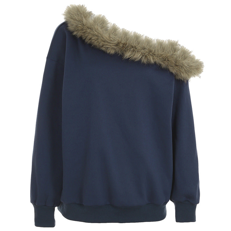 Street Furry Stitching Personality Diagonal Collar Loose Sweatshirt Off Shoulder Long Sleeves
