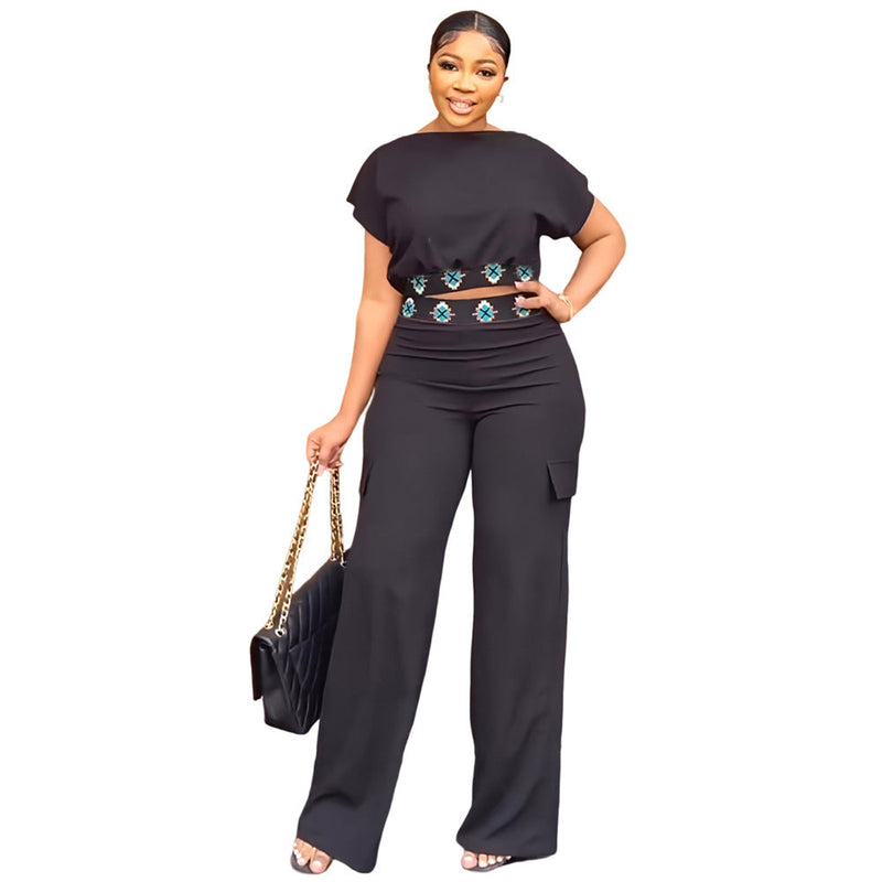Short Sleeve Coat Summer Color All Matching Loose Straight Trousers Two Piece Set