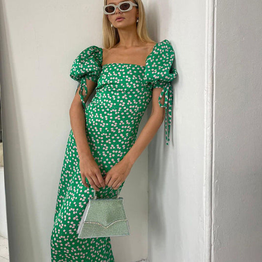 French Clothing Summer Holiday Dress Puff Sleeve Off Neck Slim Fit Long Dress