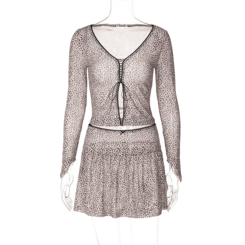 Summer Leopard Print Printed V Neck Cardigan Strap Long Sleeved T Shirt Miniskirt Set