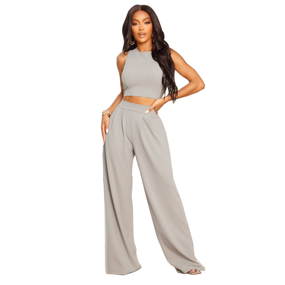 Cropped Tank Top Straight Flare Pants Sports Two Piece Set