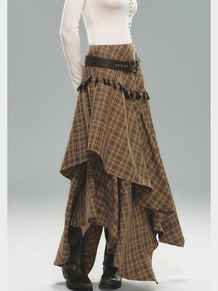 Tassel Plaid Asymmetric Skirt