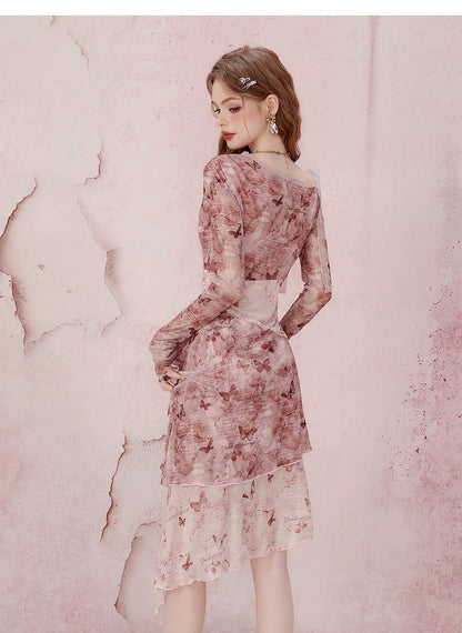 Pink Long Sleeve Midi Dress