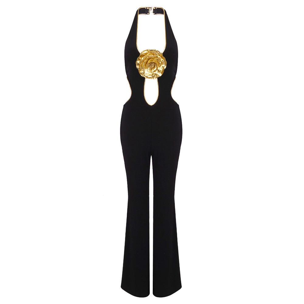 Autumn Winter Halter Trousers Jumpsuit Golden Sleeveless Backless