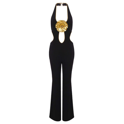 Autumn Winter Halter Trousers Jumpsuit Golden Sleeveless Backless