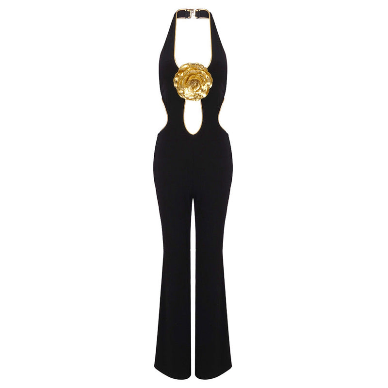 Autumn Winter Halter Trousers Jumpsuit Golden Sleeveless Backless