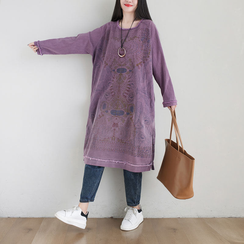 Personality Sweater Art Round Neck Mid Length Purple Gradient Dress